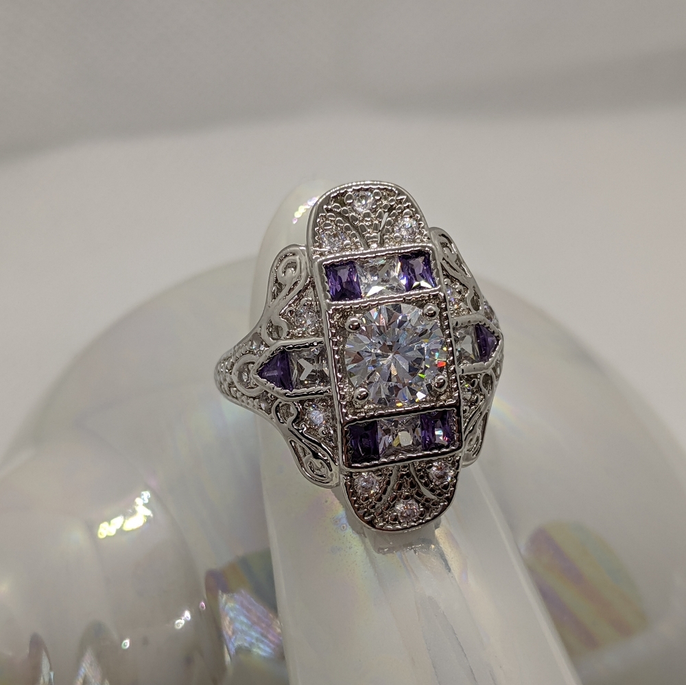 Lavender Art Deco Ring - Stainless Steel and CZ